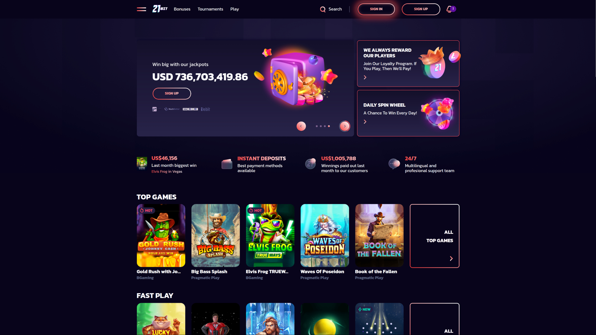 Page d'accueil de bureau de 21Bit Casino