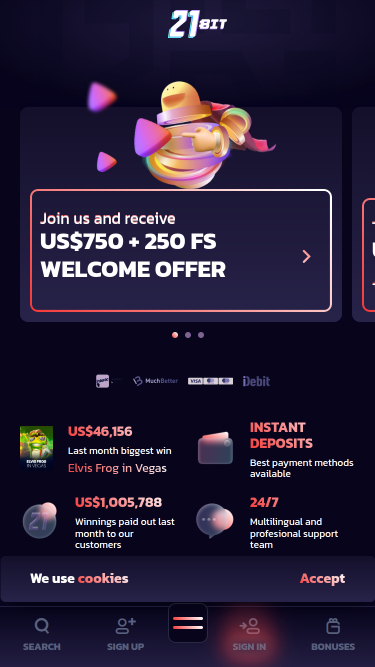 Page d'accueil mobile de 21Bit Casino