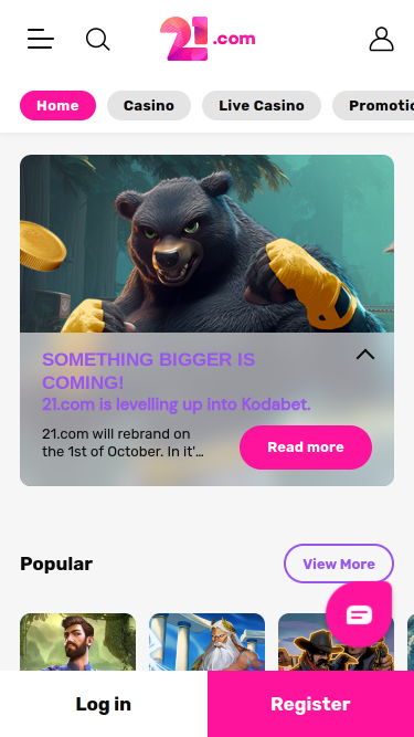 Page d'accueil mobile de 21.com Casino