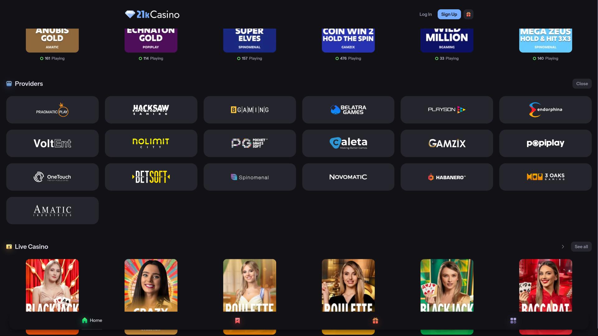 Page des développeurs du jeu 21kCasino