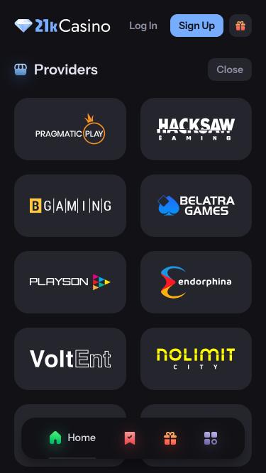 Page mobile des développeurs de jeux 21kCasino