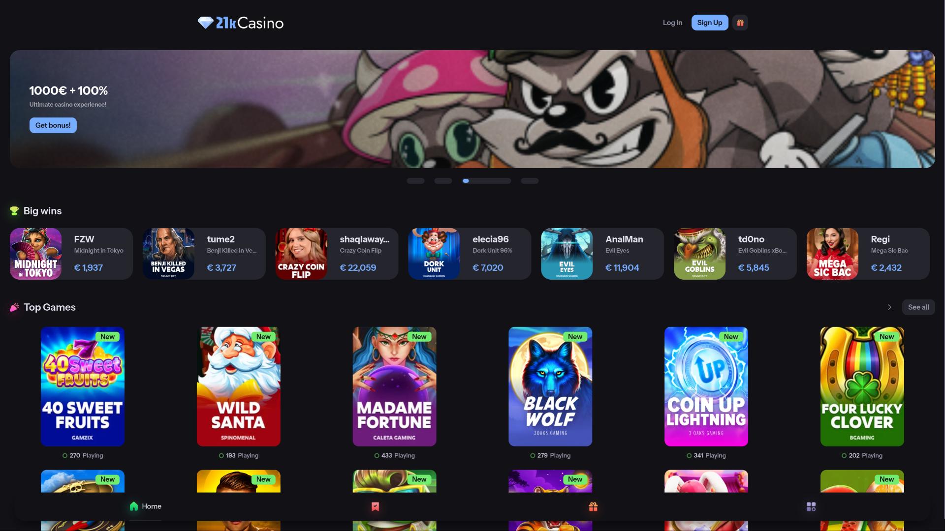 Page d'accueil de 21kCasino