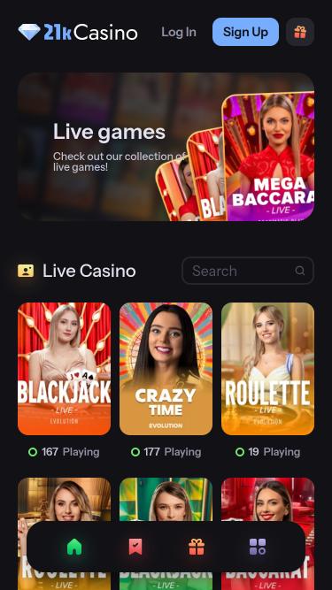 Page mobile de croupier en direct de 21kCasino