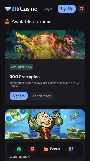 Page mobile des promotions de 21kCasino