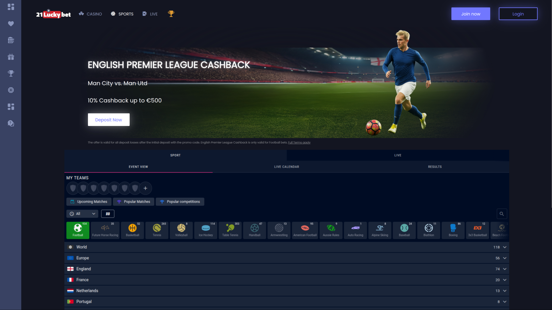 Sports sur bureau de 21LuckyBet Casino