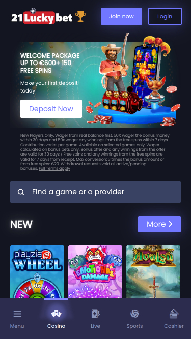 Page d'accueil mobile de 21LuckyBet Casino