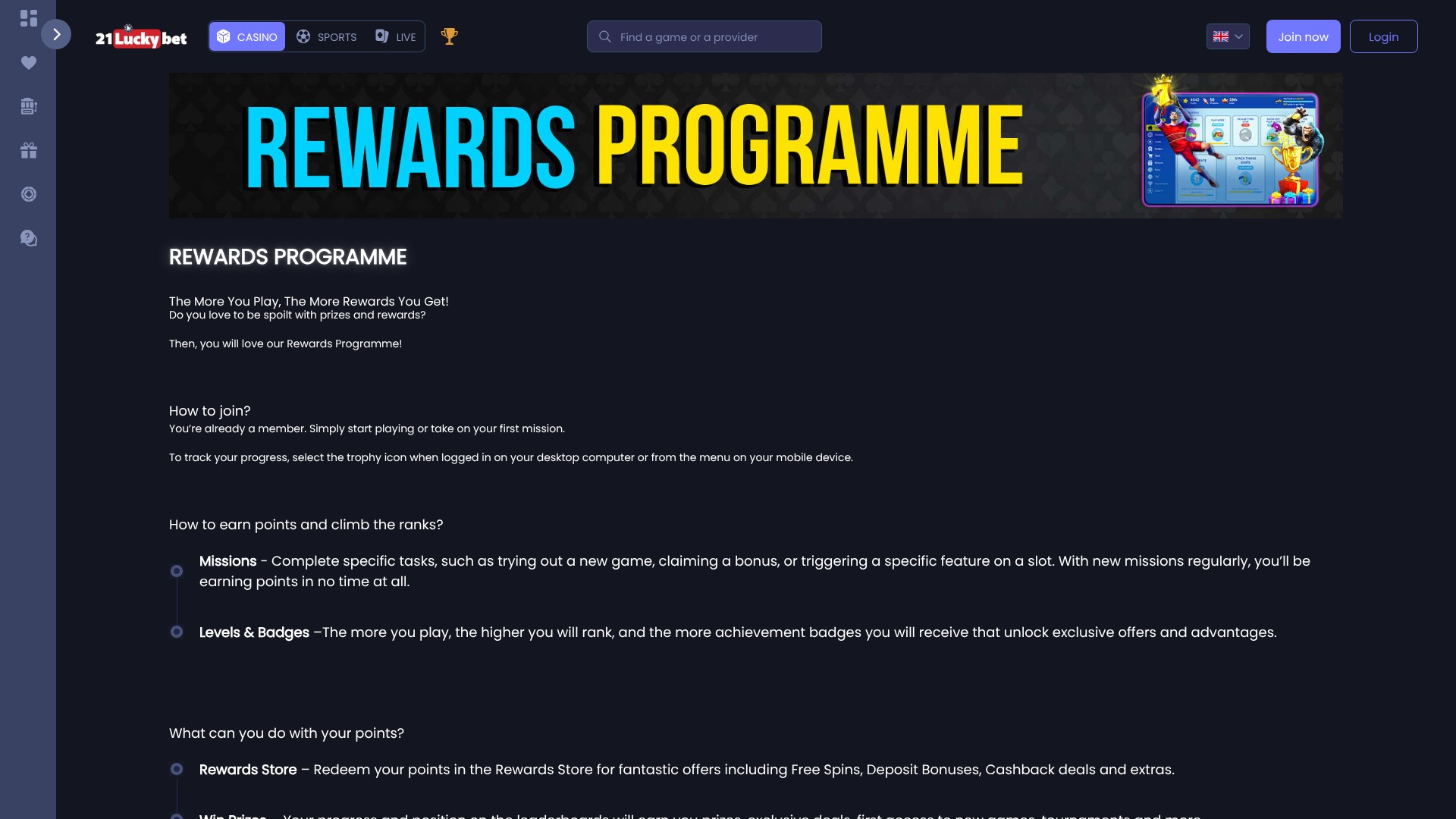 21LuckyBet Casino Desktop VIP Program