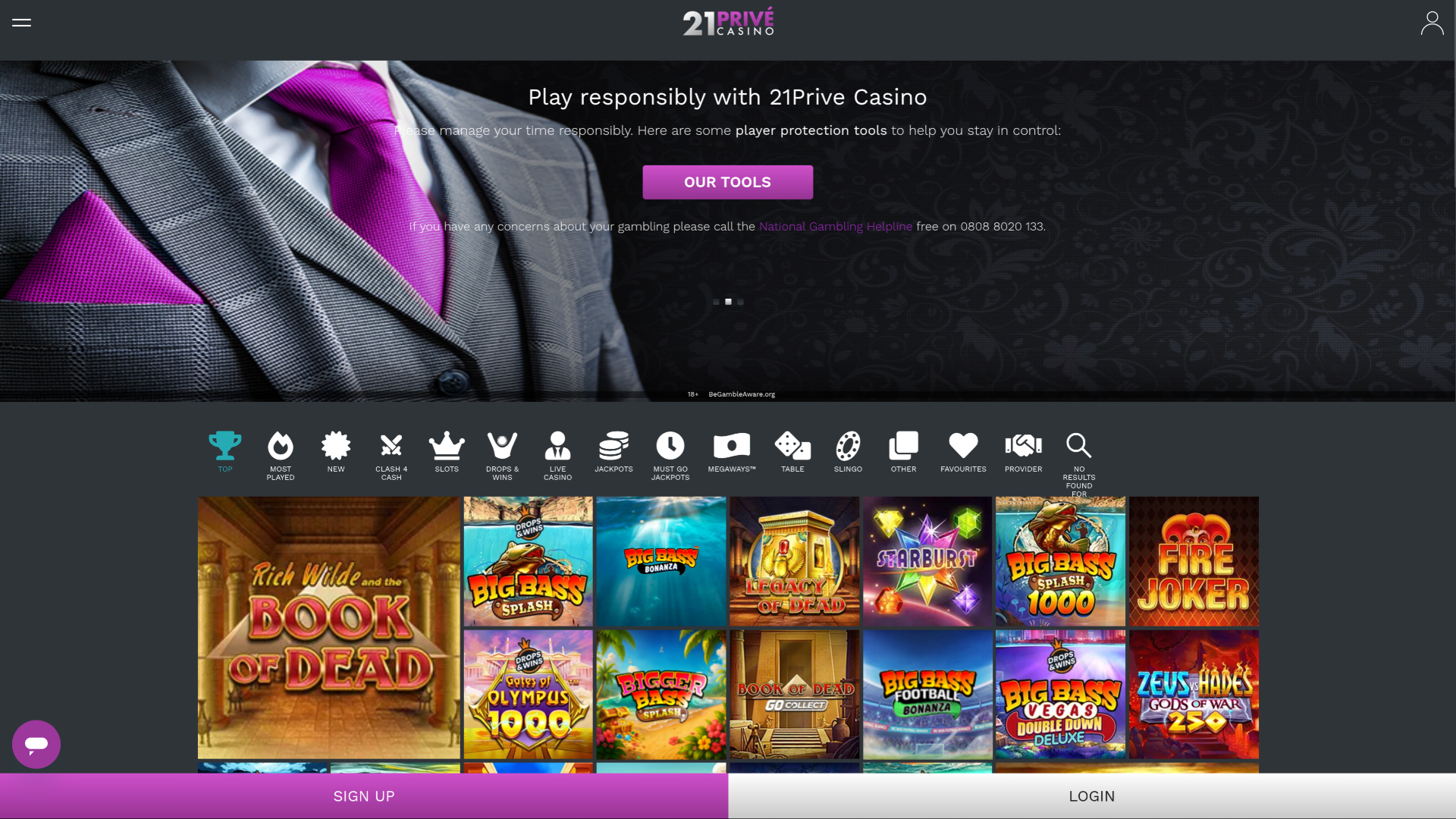 Pagina iniziale desktop di 21 Prive Casino