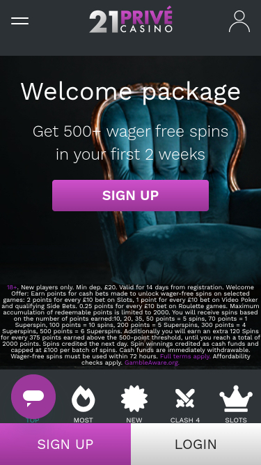 Pagina iniziale mobile di 21 Prive Casino