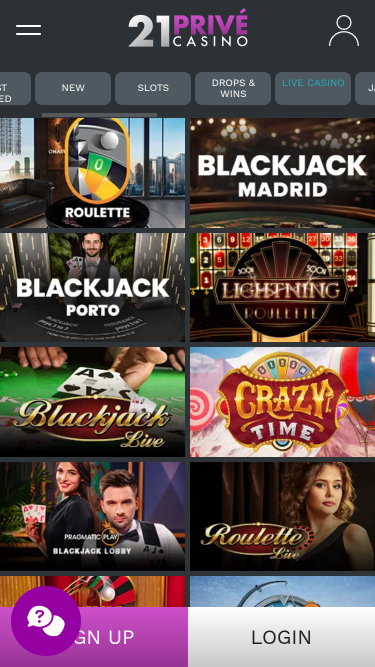 21 Prive Casino Mobile Live Dealer