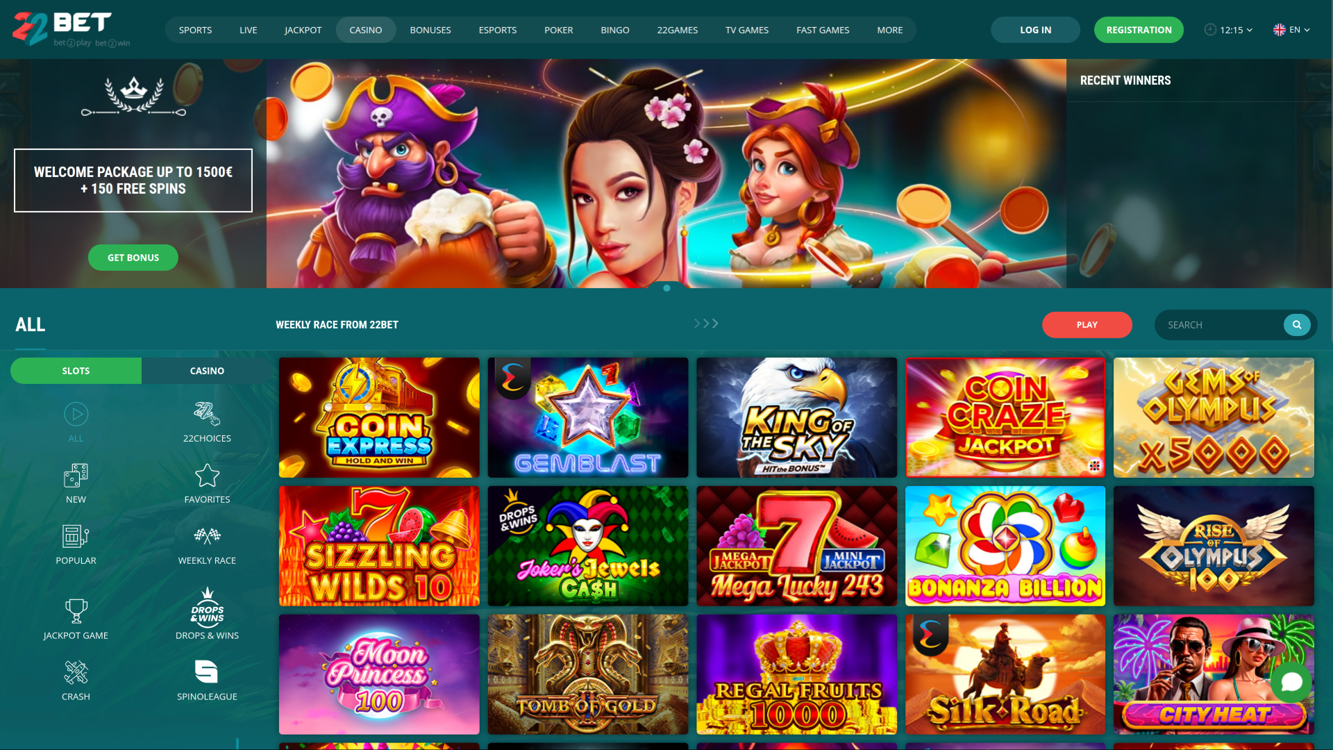 Página de inicio de escritorio del casino 22 Bet