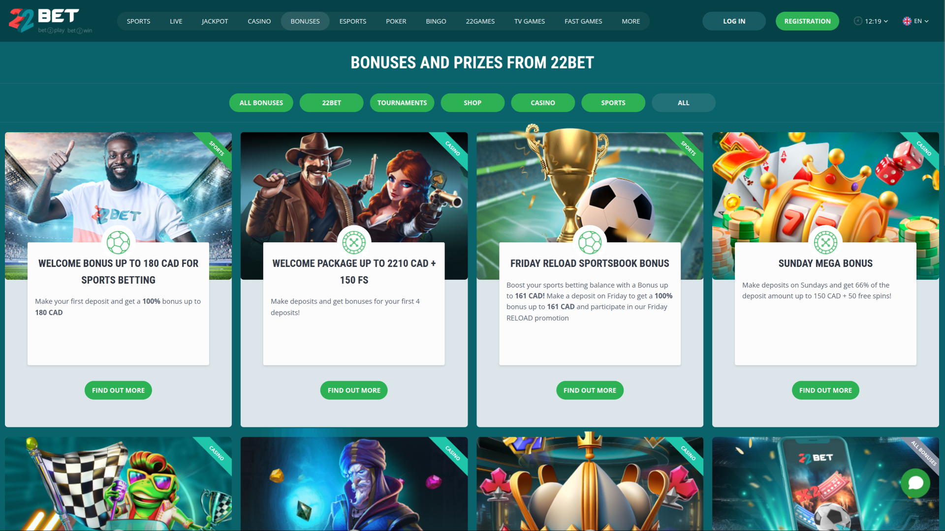 Promociones de escritorio del casino 22 Bet