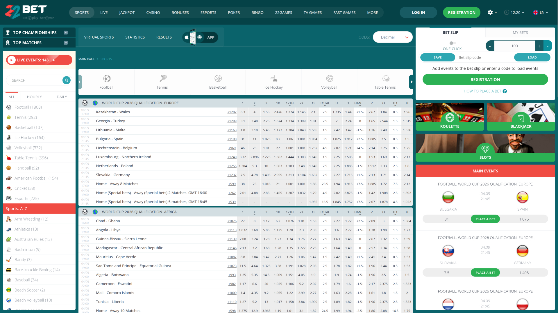 Deportes de escritorio del casino 22 Bet