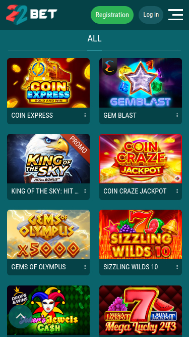 Juegos móviles del casino 22 Bet