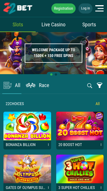Página de inicio móvil del casino 22 Bet