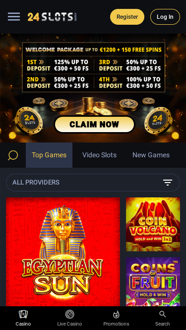 Page d'accueil mobile de 24Slots Casino