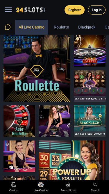 Croupier en direct mobile de 24Slots Casino