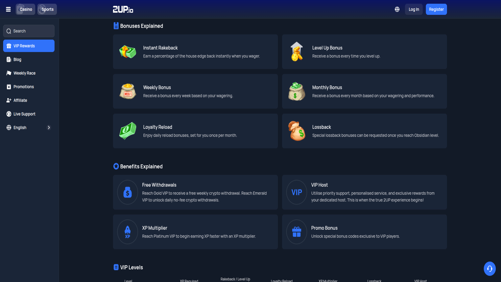 Capture d'écran du programme VIP 2up Casino pour ordinateur de bureau