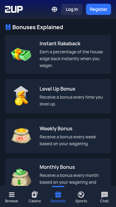 Capture d'écran du programme VIP 2up Casino pour mobile