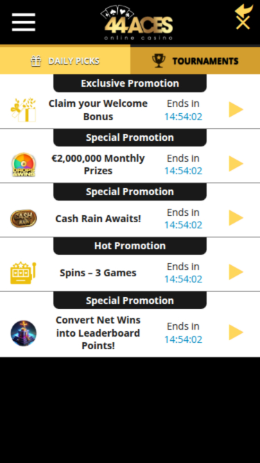 Promociones móviles de 44Aces Casino