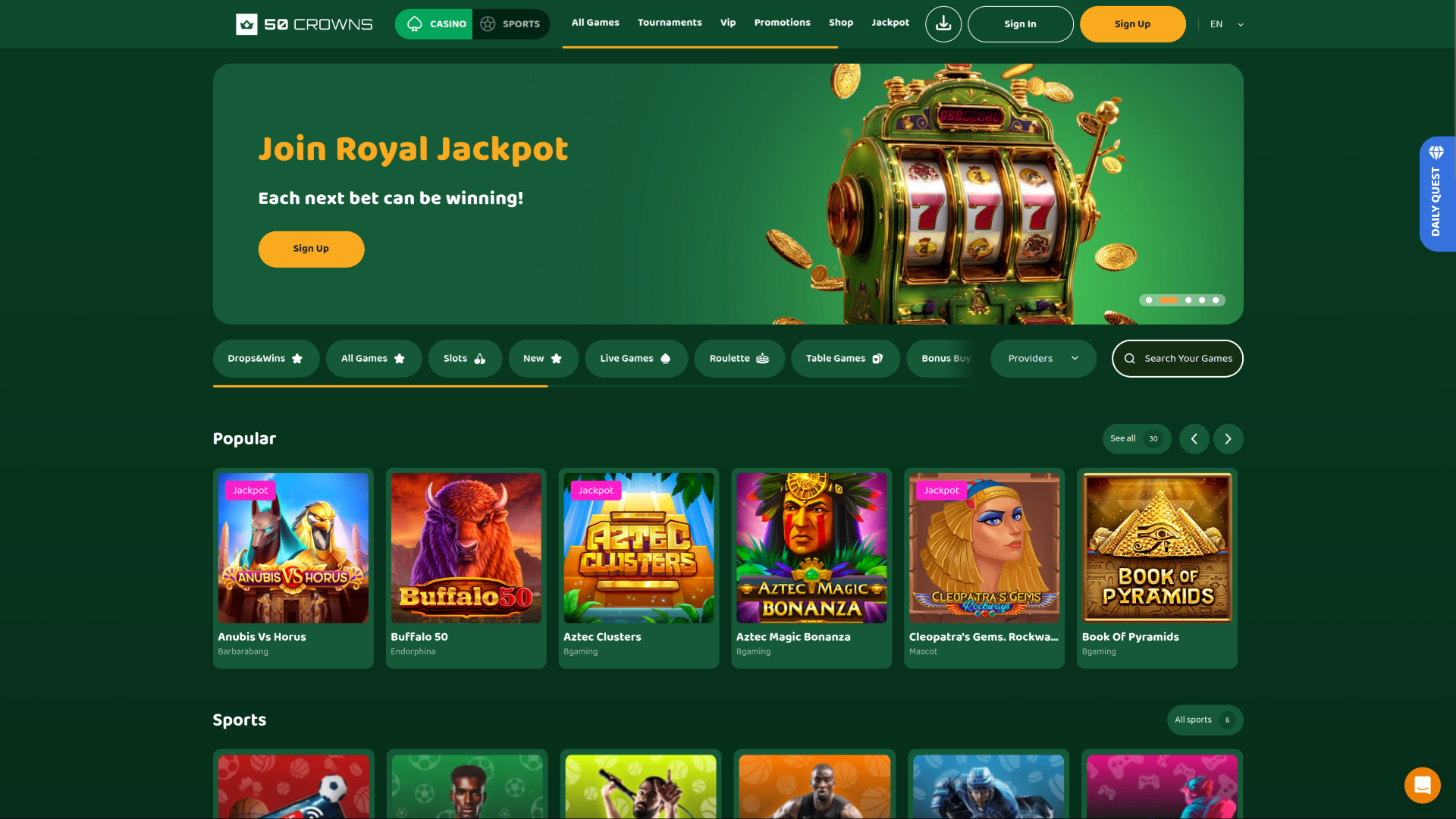 Página de inicio de escritorio de 50Crowns Casino