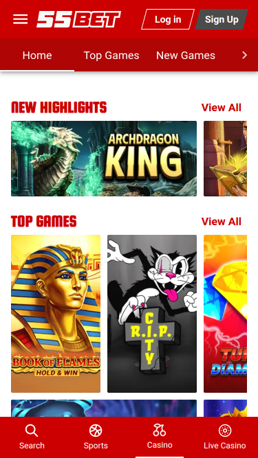 Jeux mobiles du casino 55Bet