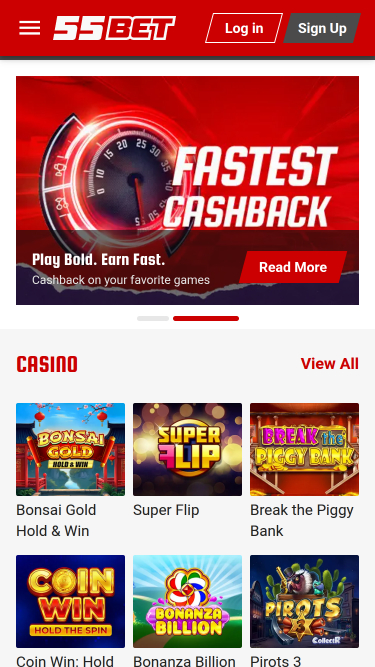 Page d'accueil mobile du casino 55Bet