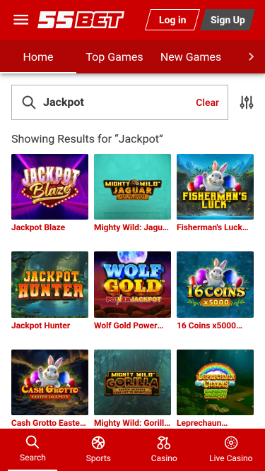 Jackpot mobile du casino 55Bet