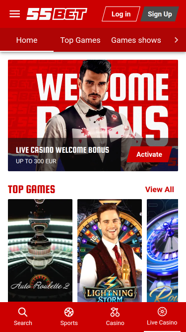 Casino mobile 55Bet avec croupier en direct