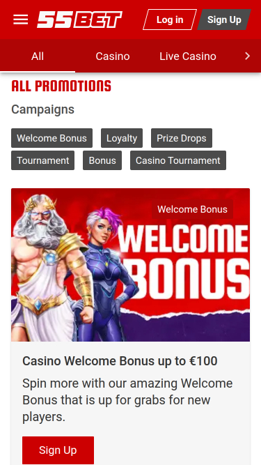 Promotions mobiles du casino 55Bet