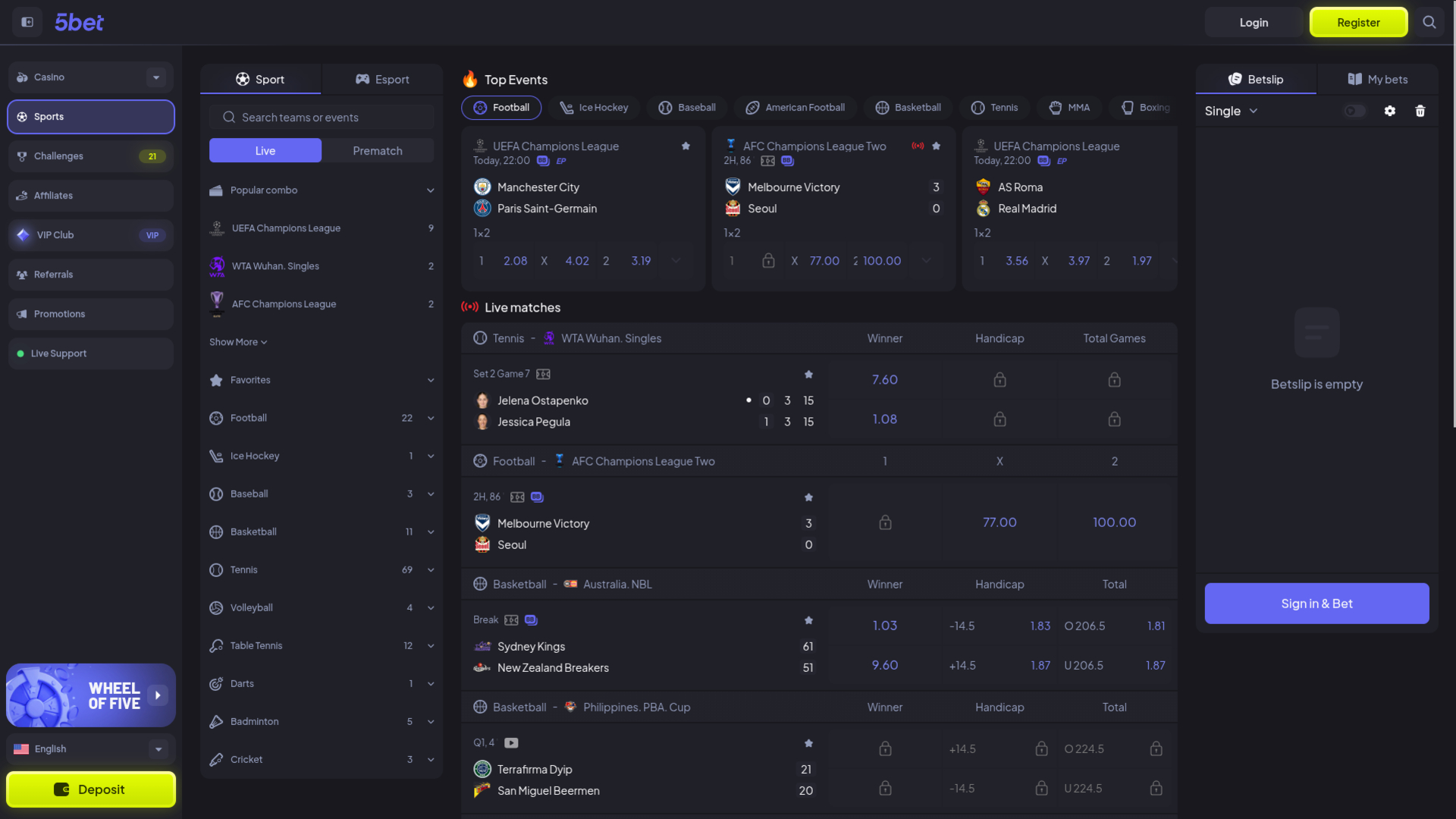 5bet Casino Desktop-Sportwetten