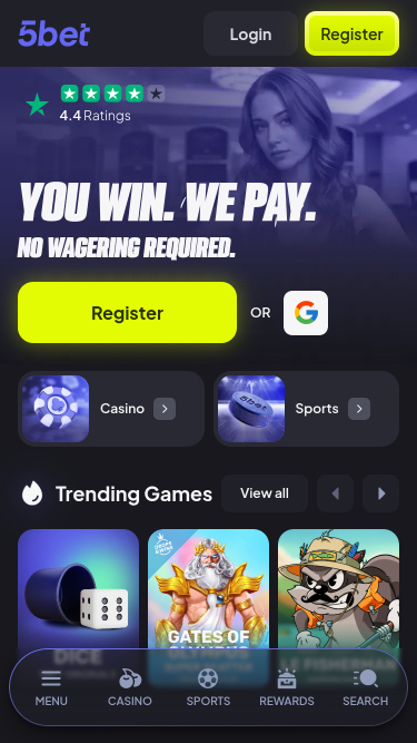 5bet Casino Mobile Homepage