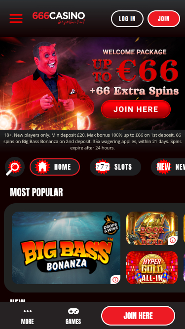 Homepage mobile di 666 Casino