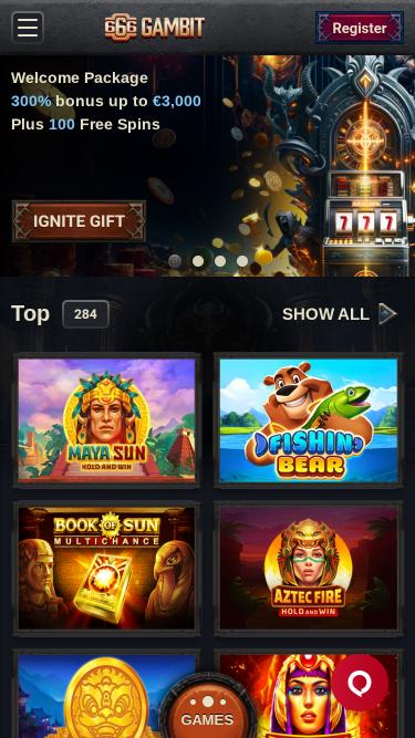 666 Gambit Casino mobile homepage 