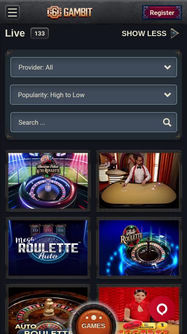 666 Gambit Casino live dealer mobile page 
