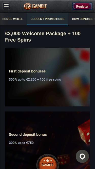 666 Gambit Casino promotions mobile page 