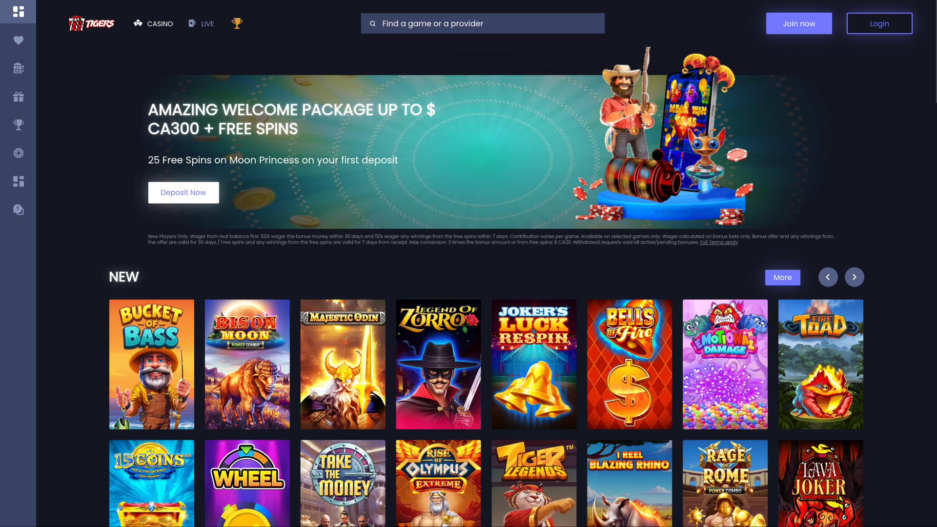 Homepage desktop di 777Tigers Casino
