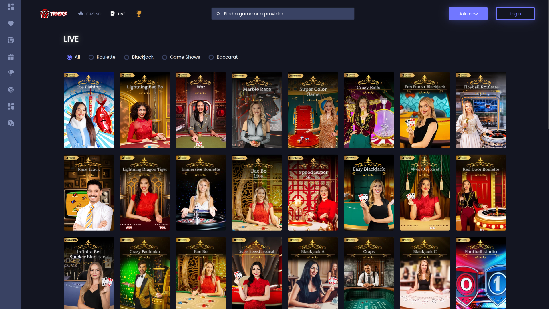 Live dealer desktop di 777Tigers Casino