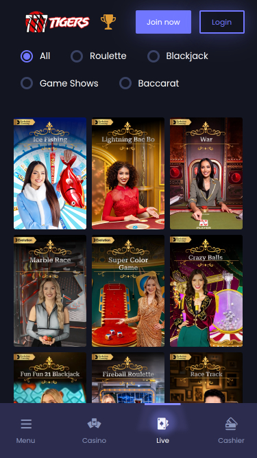 Live dealer mobile di 777Tigers Casino