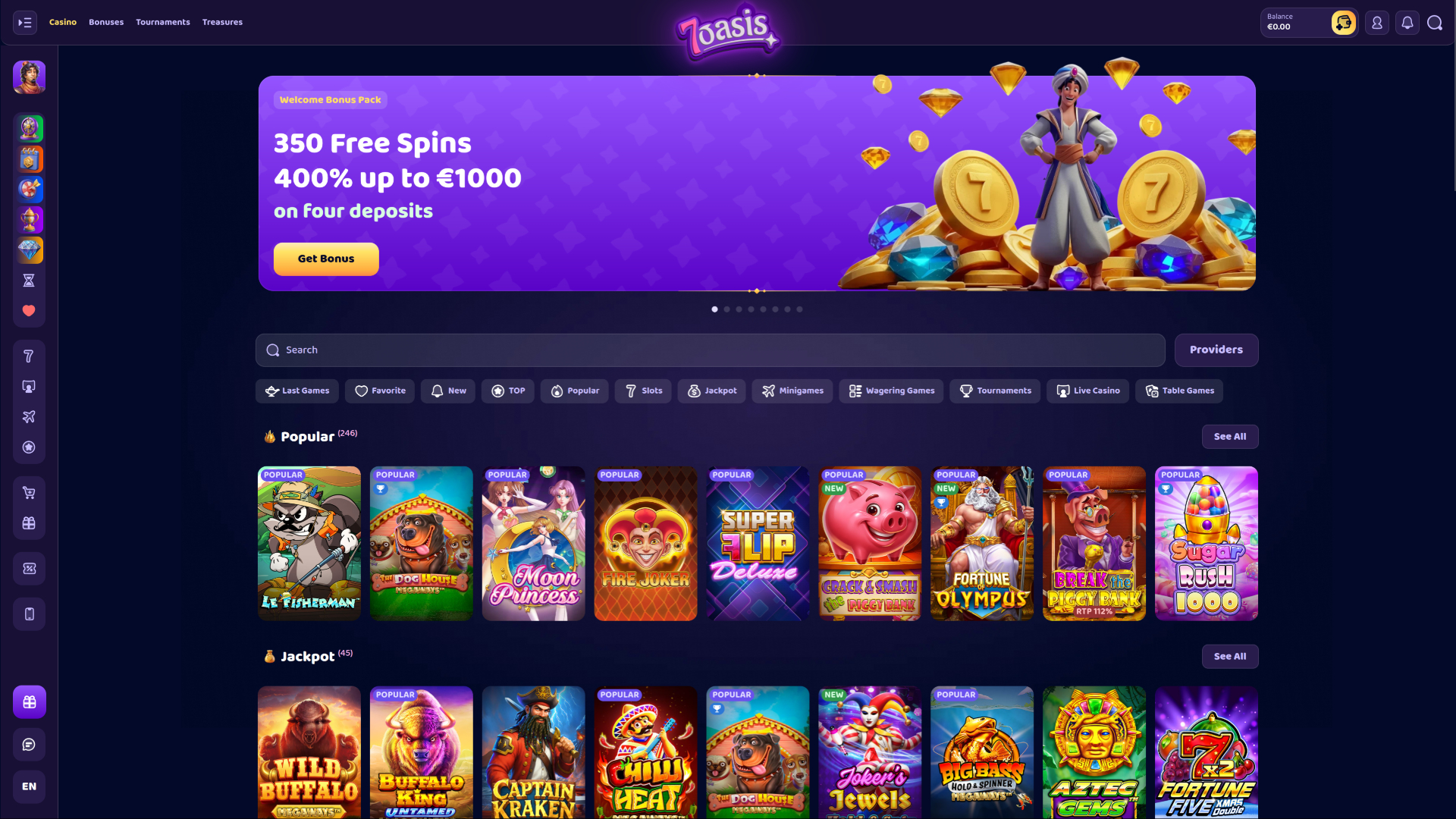 Page d'accueil du casino 7Oasis pour ordinateur