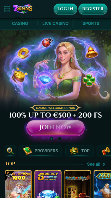 Page d'accueil mobile de 7Signs Casino