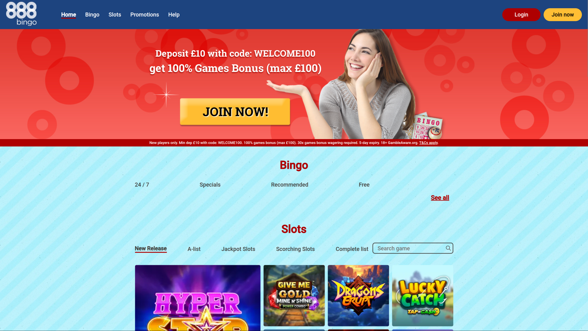 Homepage desktop di 888 Bingo Casino