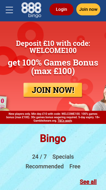 Homepage mobile di 888 Bingo Casino