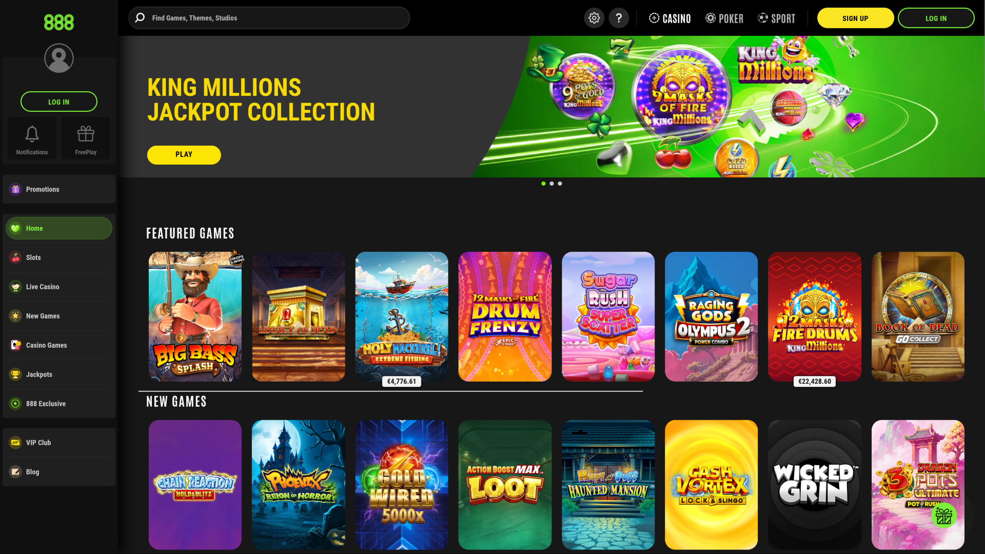 Page d'accueil de 888 Casino sur ordinateur