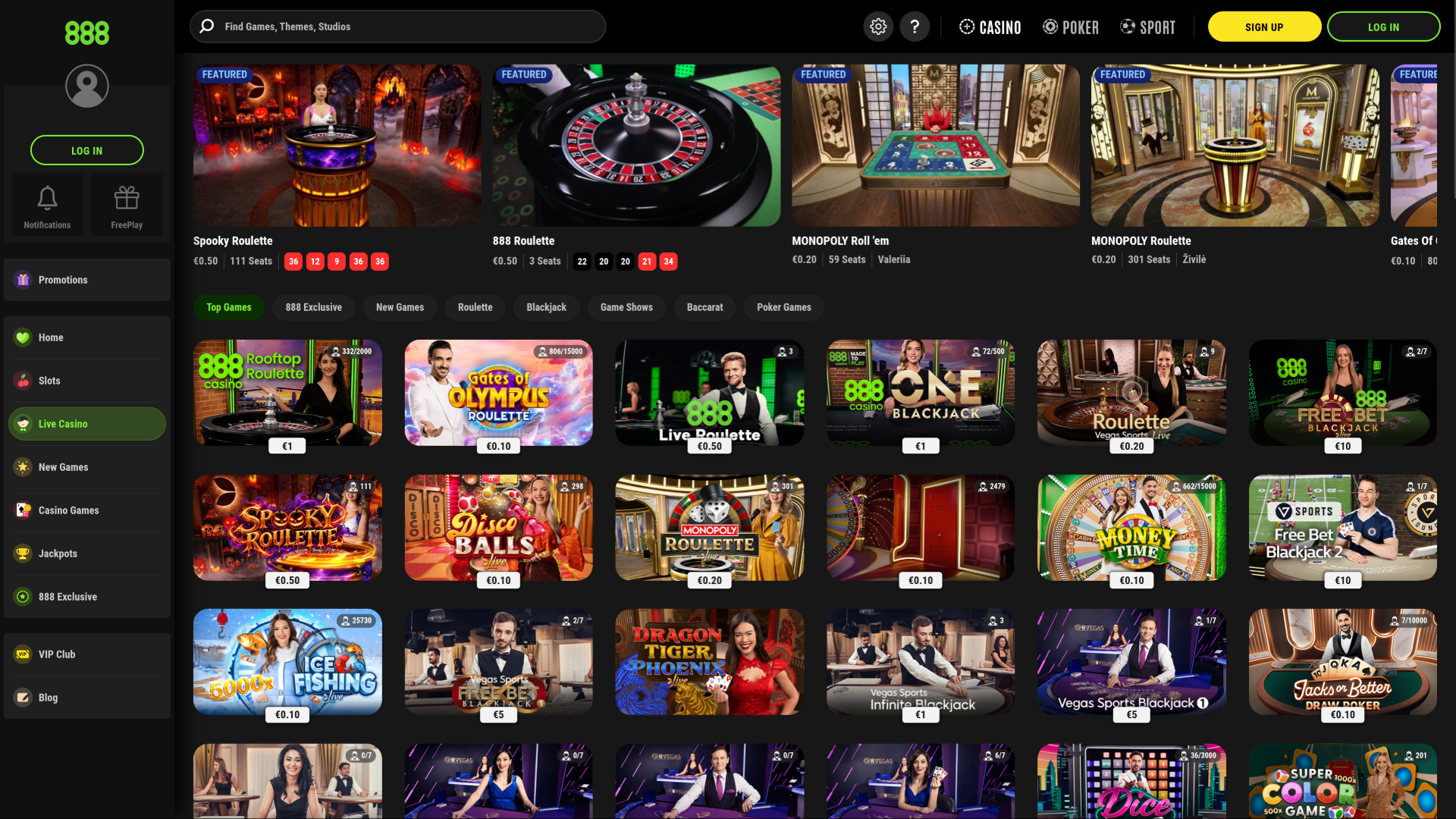888casino sur ordinateur avec croupier en direct