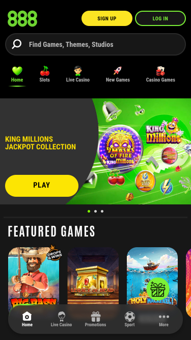 Page d'accueil mobile de 888 Casino