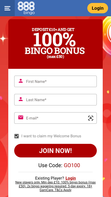 888 Bingo Casino Mobile Homepage