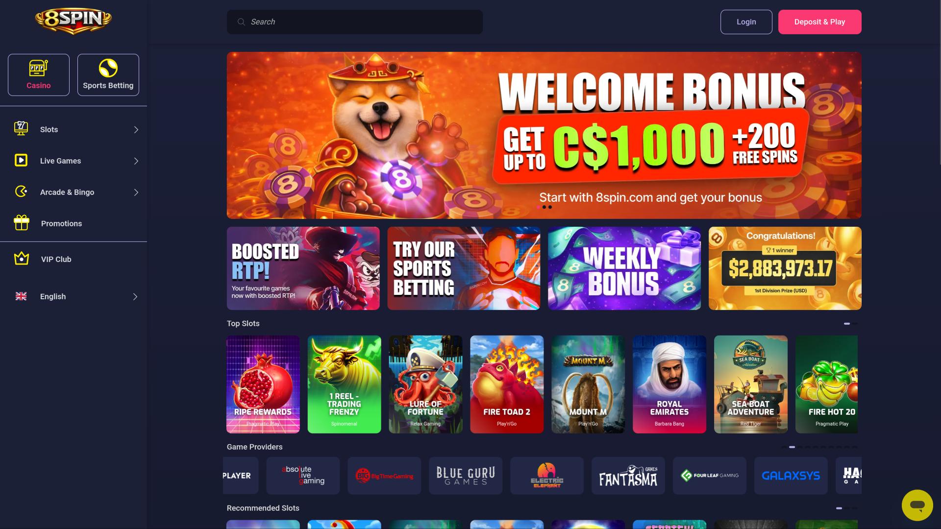8Spin Casino homepage