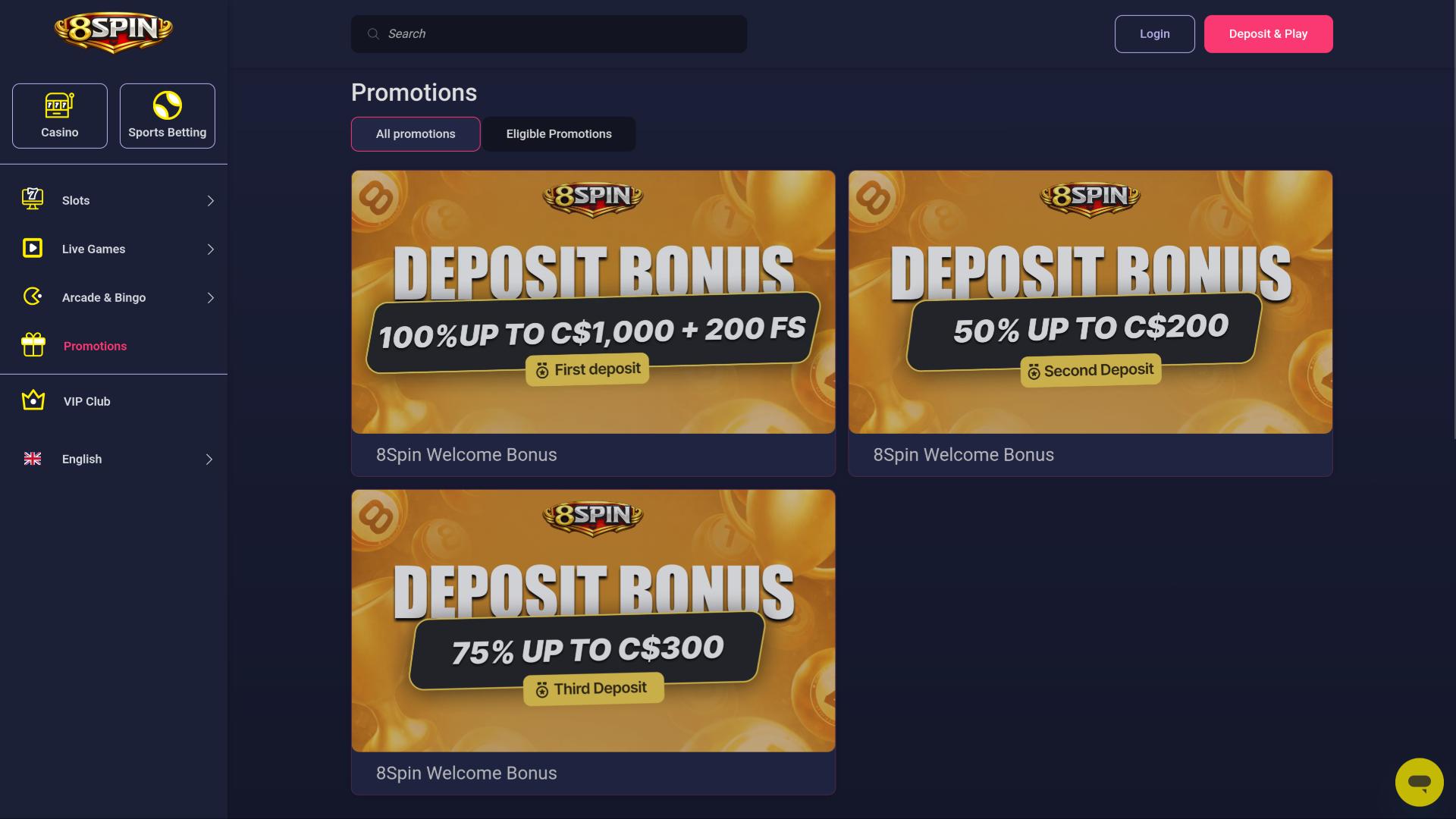 8Spin Casino promotions page