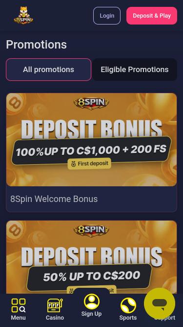 8Spin Casino promotions mobile page